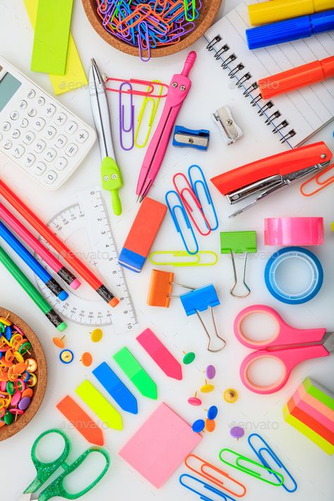 School supplies on white desk. Kids creativity flat lay by rawf8. School office supplies flat lay on white background, top view. Business stationery, student desk concept, vertical #Sponsored #flat, #creativity, #lay, #Kids Back To School Flatlay, Chrome Photography, Lay Flat Photography, Desk Kids, Desktop Planner, Colorful Stationery, Student Desk, Desk Stationery, Shop Photography