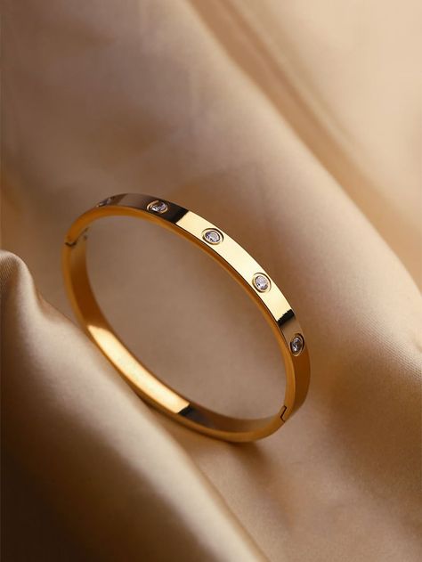 1pc Fashionable Stainless Steel Rhinestone Decor Bangle For Women For Daily Decoration Golden Breslet For Women, Daily Use Bracelet For Women, Gold Bangles Bracelet, Women Kada Designs, Best Bracelets Women, Stainless Steel Bracelet Woman, Gold Bangle Designs For Women, Gold Bangles Bracelet For Women, Stainless Steel Bracelets