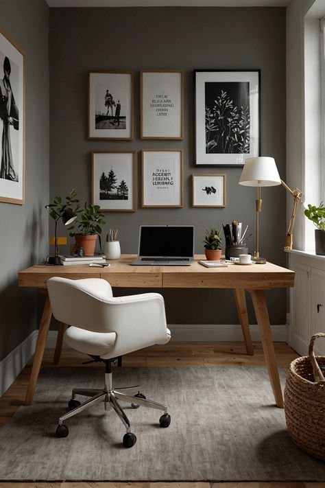 Transform your workspace into a serene haven with Scandinavian-inspired furniture and embrace the beauty of natural lighting. Achieve a minimalist aesthetic while promoting productivity and tranquility in your home office.  #ScandinavianDesign #HomeOffice #MinimalistLiving #NaturalLighting #WorkFromHome #InteriorInspiration #HomeOfficeInspo Scandi Home Office Ideas, Minimalistic Office Space, Beige And Black Office, Home Office Scandinavian Style, Hallway Office Ideas, Work Station Ideas Home, Scandinavian Interior Office, Modern Scandinavian Office, Minimalist Study Room