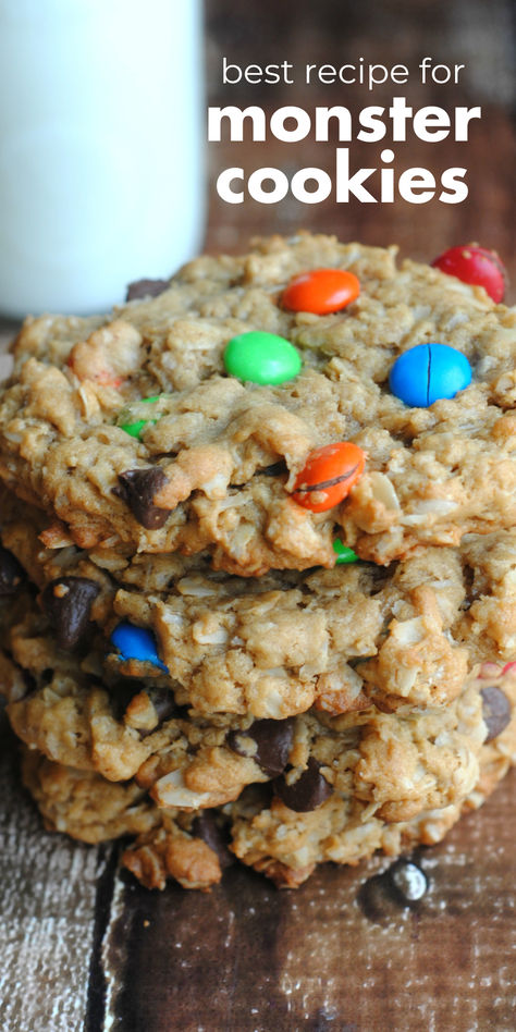 Peanut Butter Cookies With Oatmeal, Cookies With Brownie Mix Easy, Monster Peanut Butter Cookies, Oreo Monster Cookies, How To Make Monster Cookies, Sheet Pan Monster Cookie Bars, Soft Monster Cookies Recipe, Monster Cookies No Flour, Chewy Monster Cookies Recipe