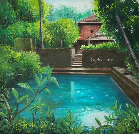 Kerala traditional house painting Kerala Houses Exterior, Gouache Practice, Kerala Village, Kerala Aesthetic, Kerala Vibes, Kerala Painting, Dream House Drawing, Classic House Interior Design, Farm Resort