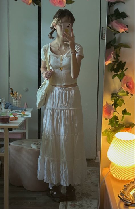 White Izzy Skirt Outfit, Brandy Long Skirt, Midi Skirt White Outfit, Mary Janes With Long Skirt, Long Skirt With Mary Janes, White Maxi Shirt Outfit, Coquette Mary Janes Outfit, Brown Bag Outfit Ideas, Long Skirt Outfit Inspo Aesthetic