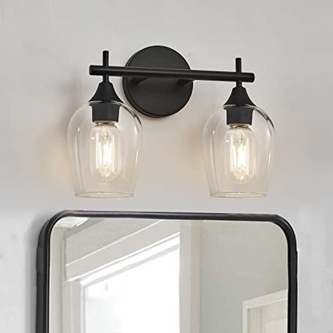 Black Vanity Lights for Bathroom,2-Light Farmhouse Bathroom Light Fixtures with Clear Glass Shade,Vintage Indoor Wall Lighting (Black, 2-Light) - - Amazon.com Modern Farmhouse Bathroom Lighting, Black Vanity Lights, Farmhouse Bathroom Light Fixtures, Farmhouse Bathroom Light, Black Bathroom Light Fixtures, Lights For Bathroom, Black Bathroom Light, Farmhouse Vanity Lights, Farmhouse Light