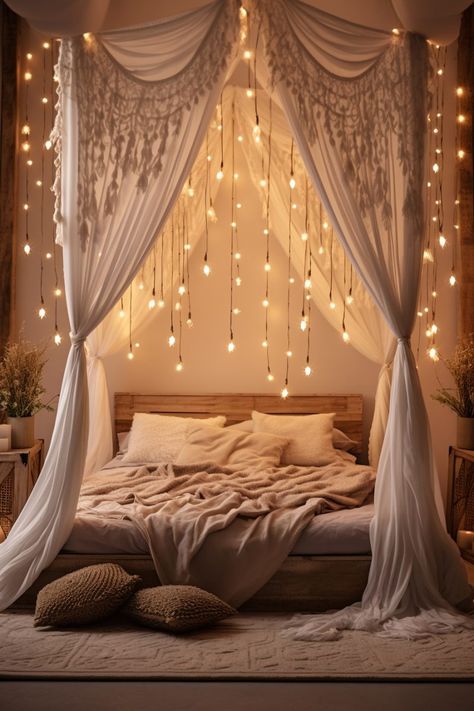 String Lights Bedroom – Nymphs Cute Boho Bedding, Fairy Light Canopy Bed, Bedroom With Twinkle Lights, Cozy Canopy Bedroom, Firefly Lights Bedroom, Canopy Bed For Small Bedroom, Cozy Bedroom Canopy, Bed With Canopy And Lights, Light In Bedroom Ideas