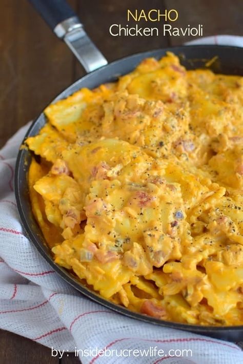 Nacho Chicken Ravioli Nacho Chicken, Chicken Ravioli, Buffalo Chicken Pasta, Nacho Cheese Sauce, Chicken Pasta Bake, Ravioli Recipe, Chicken Nachos, Nacho Cheese, Butterfly Kisses