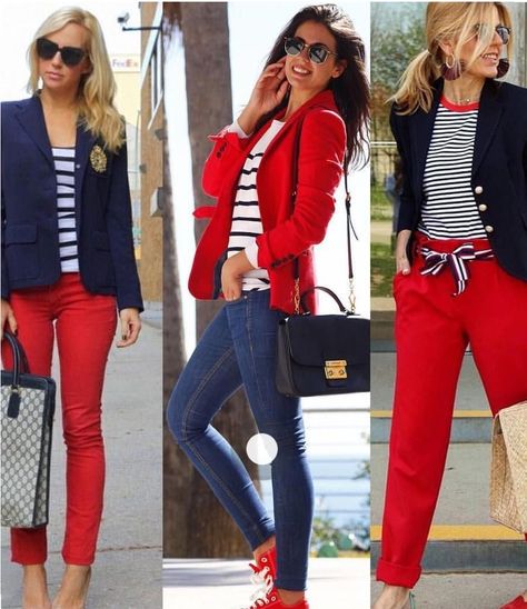 Red Pants Outfit, Nautical Outfits, Red Jeans, Outfit Jeans, Mode Casual, Red Pants, Casual Work Outfits, Blazer Outfits, Work Outfits Women