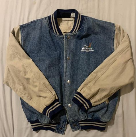 Varsity Jacket Aesthetic, Cool Outfits For Men, Jacket Outfit, Mens Fashion Casual, Jacket Outfits, Varsity Jacket, Blue Denim, Cool Outfits, Vintage Outfits