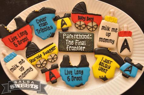 Star Trek baby cookies! Star Trek Baby, Star Trek Theme, Nerdy Baby, Baby Cookies, Cookie Inspiration, Baby 2, Baby Shower Cookies, Cookie Ideas, Baby Shower Theme