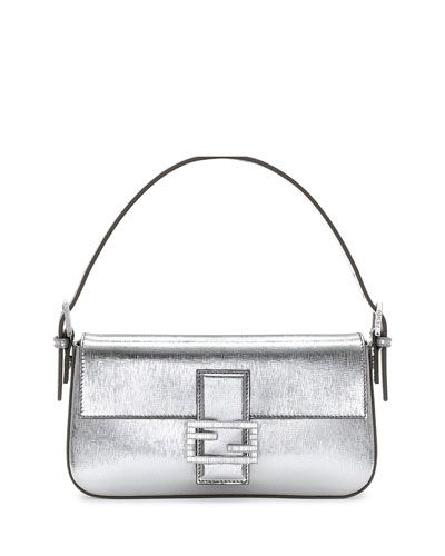 V28XD Fendi Metallic Leather Baguette Shoulder Bag, Silver Fendi Baguette Bag, Fendi Purse, Fendi Handbag, Fendi Handbags, Silver Bags, Suede Handbags, Bag Silver, Stylish Handbags, Fendi Baguette