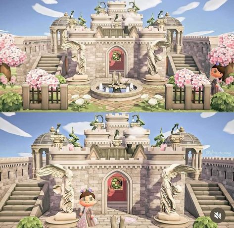 Acnh Museum Castle Designs, Royal Acnh Island, Acnh Resident Services Castle, Animal Crossing Ancient Greece, Animal Crossing Castlecore, Acnh Mansion Ideas, Elegant Core Animal Crossing, Acnh Castle Ideas, Acnh Castle House