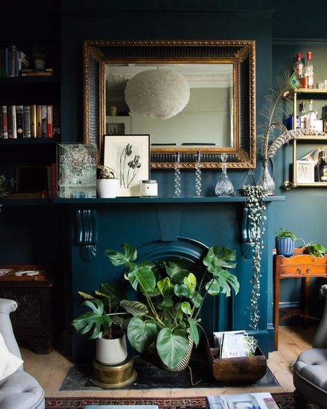 Rosie on Instagram: “The other side of the room with the bookcase. I wanted to paint the whole room this colour (Hague blue by @farrowandball) but chaz vetoed…” Hague Blue Living Room, Hague Blue, Gas Lamp, Atlanta Homes, Blue Interior, Blue Living Room, Blue Velvet, Interior Inspiration, Entryway Tables