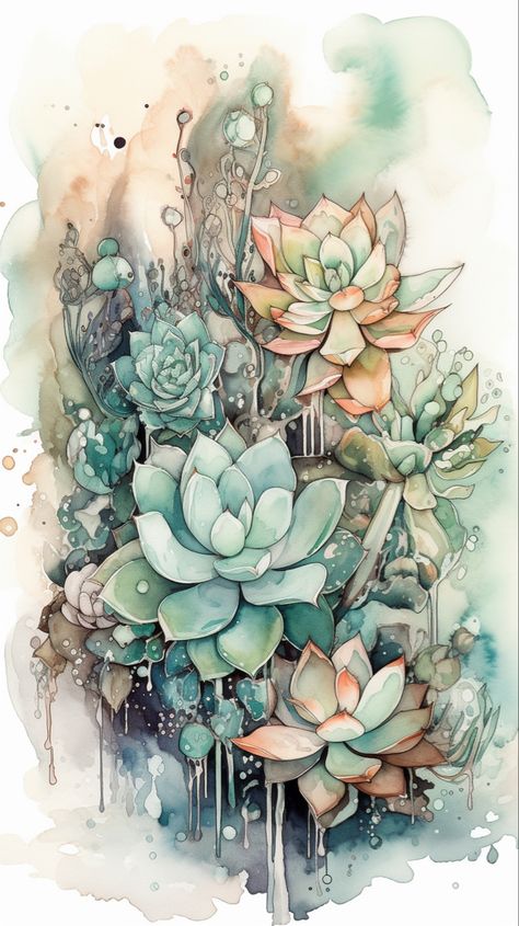 Succulent art work watercolour illustration Succulent Tattoos, Succulent Wallpaper, Animorphia Coloring Book, Succulents Wallpaper, Succulents Illustration, Animorphia Coloring, Agate Art, Succulent Painting, Watercolor Succulents