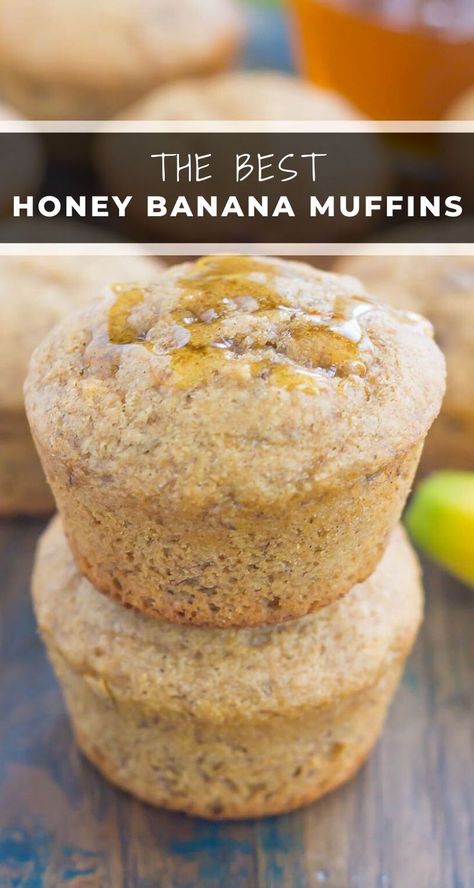 These Banana Honey Muffins are a simple, one-bowl breakfast or snack. Packed with sweet bananas and a touch of honey, these muffins bake up soft, moist, and on the healthier side!  #muffins #banana #bananamuffins #healtthybananamuffins #honeymuffins #bananahoneymuffins #healthymuffins #breakfast #dessert Banana Muffins With Honey, Whole Wheat Banana Muffins, Wheat Banana Muffins, Muffins Banana, Honey Muffins, Banana Honey, Healthy Banana Muffins, Tin Recipes, Banana Muffin