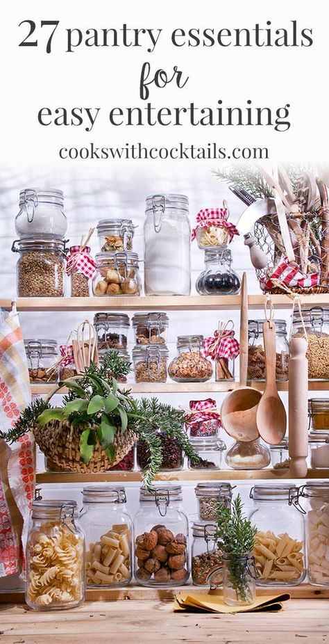 Having these pantry essentials on hand takes the stress out of last min guests, holiday entertaining, and when your husband invites friends over on a whim! We use this list to stock our pantry so when we plan a party, we have these basics as a head start. Every couple weeks, compare this list to the contents of your cupboards, fridge and freezer and then stock what you don't have. #cookswithcocktails #pantryessentials #easyentertaining #holidayentertaining #entertaining #pantrystaples Quick Pasta Sauce, Strawberry Pizza, Pantry List, Asparagus Tart, Entertaining Appetizers, Wine Jelly, Healthy Pantry, Fridge And Freezer, Hosting Essentials