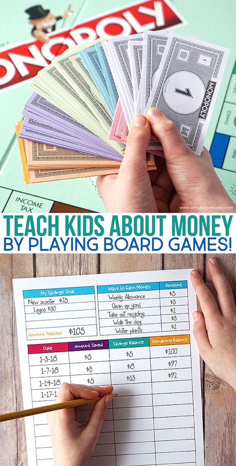 Teach kids about money by playing board games and download Free Printable Savings Worksheet Kids Budget Worksheet, Board Games Ideas, Money Games For Kids, Kids Budget, Financial Literacy Lessons, Playing Board Games, Teaching Money, Money Activities, Money Lessons