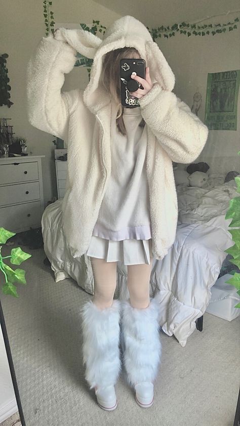 Kawaii Clothes Winter, Bunny Outfit Cute, Kawaii Outfits For Winter, Kawaii Cold Weather Outfits, Cute Softy Outfits, Soft Kidcore Outfits, Kawaii Winter Clothes, Kawaii Outfits Winter, White Fluffy Jacket Outfit