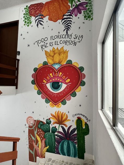 Mural con diseño de la cultura mexicana, con el corazón sagrado representativo del país diseñado aa mi manera y mi estilo. flores y plantas de méxico Mexican Art Aesthetic, Mexican Room Decor Ideas, Asteria Tattoo, Vintage Mexican Aesthetic, Mexican Room Decor, Store Mural, Mexican Graphic Design, Mexican Restaurant Design, Mexican Wall Decor