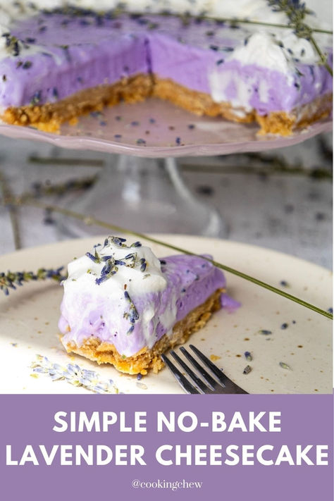 A slice of lavender cheesecake on a white plate with a fork. Lavender Cheesecake No Bake, Lemon Lavender Cheesecake, Easy Pretty Dessert, Honey Lavender Cheesecake, Lavender Recipes Baking, Lavender Baked Goods, Lavender Custard, Lavender Cheesecake Recipe, Summer Baked Goods