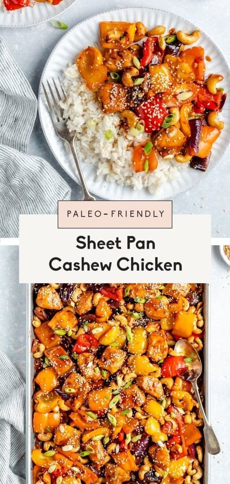 Delicious sheet pan cashew chicken packed with a rainbow of veggies for the perfect weeknight dinner! This easy, healthy cashew chicken recipe is wonderful served with a side of rice or cauliflower rice and makes the best meal prep for busy weeks. #sheetpan #onepanmeal #healthydinner #dinner #glutenfree #mealprep Cashew Chicken Sheet Pan, Sheet Pan Chicken And Cauliflower, Fast Meal Prep Ideas, Easy Rice Lunch Ideas For Work, Celiac Dinner Recipes, Healthy Casserole Recipes For Dinner Clean Eating, High Protein Weeknight Meals, Lunch Meal Prep For The Week Healthy, Chicken One Sheet Pan Meals