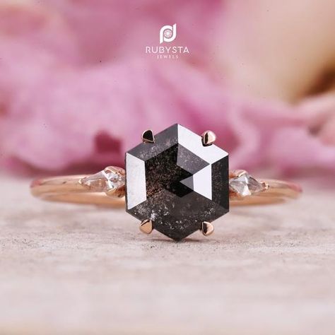 Engagement Ring Salt And Pepper, Hexagon Diamond Ring, Hexagon Engagement Ring, Hexagonal Ring, Pear Diamond Rings, Triangle Diamond, Ring Proposal, Diamond Videos, Hexagon Diamond