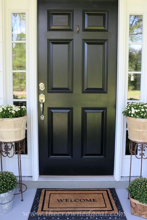 Painting Front Door Black, Front Door Plants, Black Exterior Doors, Black Front Door, Paint Trim, Front Door Hardware, Door Painting, Traditional Front Doors, Front Door Makeover