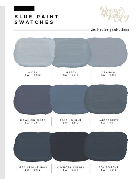 Which Sherwin-Williams paint colors will be the most popular in 2019? Sarah from @roomfortuesday has her colorful picks. These beautiful blues are just the beginning. Click through to see her predictions for green, black and gray, warm and moody, neutral, white and even wildcard bold paint colors! BONUS: Get her tried and true painting tips, too. #sherwinwilliams #paintcolors #predictions #colorinspiration #SWColorLove Paint Colors For House, Colors For House, Interior Paint Colors Schemes, Gray Paint, Paint Color Palettes, Paint Swatches, Room Paint Colors, Interior Paint Colors, House Paint Exterior