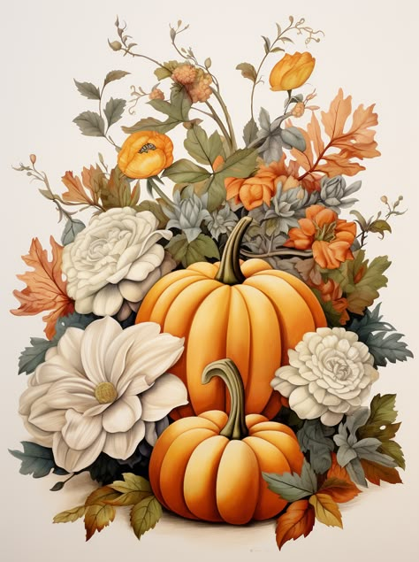 Fall Flowers Illustration, Pumpkin And Flowers Drawing, Watercolor Pumpkin With Flowers, Botanical Pumpkin, Autum Flowers Illustration, Painting White Flowers, Pumpkins And Flowers, Fall Clip Art, Flowers Drawing