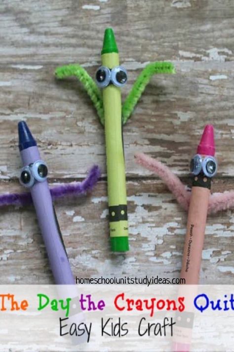 The Day the Crayons Quit Craft is a simple book based activity that only requires crayons, googly eyes, pipe cleaners, and glue. Day The Crayons Quit Craft, Books And Crafts For Kids, Crayons Quit Book, Crayon Activities, The Day The Crayons Quit, Day The Crayons Quit, Book And Craft, Crayon Book, Story Sacks