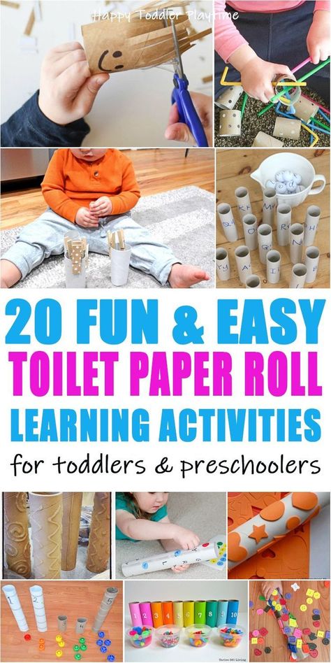 65+ Easy Toilet Paper Roll Activities - HAPPY TODDLER PLAYTIME Here are 65+ fun & easy toilet paper roll activities for toddlers and preschoolers! From sensory bins to crafts to learning activities and more!  #toddleractivities #preschoolactivities #toddlerfun Toilet Paper Roll Activities, Paper Roll Activities, Learning Activities For Toddlers, Paper Towel Tubes, Toilet Paper Crafts, Toilet Paper Roll Crafts, Activities For Toddlers, Toddlers And Preschoolers, Paper Roll Crafts