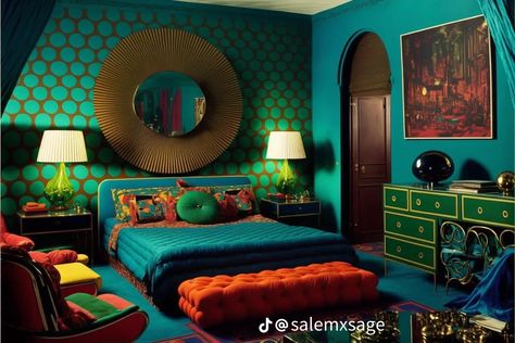 60s Bedroom, Amazing Bedrooms, Eclectic Bedroom Design, Eclectic Decor Bedroom, Retro Interior Design, Art Deco Bedroom, Eclectic Bedroom, Maximalist Decor, Romantic Bedroom