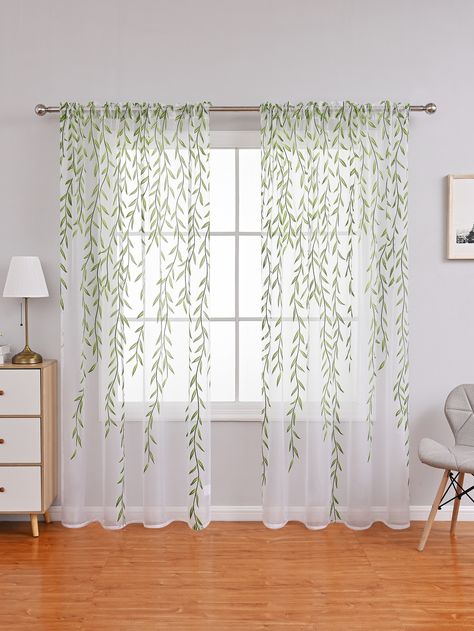 Green Sheer Curtains, Balkon Decor, Leaf Curtains, Curtain For Living Room, Voile Panels, Window Sheers, White Sheer Curtains, Tulle Curtains, Sheer Drapes