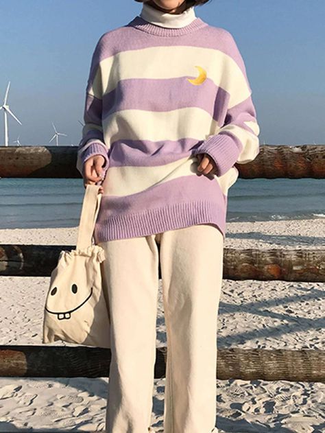 Moon Sweater, Women Sweaters, Striped Short, Striped Shorts, Jumpers For Women, Drop Shoulder, Khaki Pants, Jumper, Round Neck