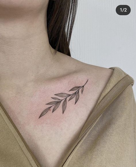 Leave Collar Bone Tattoo, Leaves Collar Bone Tattoo, Leaf Underboob Tattoo, Leaf Collar Bone Tattoo, Collarbone Tattoo, Small Chest Tattoos, Branch Tattoo, Underboob Tattoo, Collar Bone Tattoo