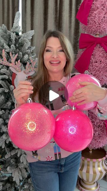 Amy Sons ~ Cupcakes for Grace on Instagram: "Here’s how I made the most fabulous, huge,  pink ornament balls!!✨💕🎄

The ornaments are from @regency.rib 

Important to note…
**Make sure you drain as much Polycrylic as possible, or it will puddle at the bottom!**
**Let these dry for several days before gluing the top back on!** 

The possibilities are endless!!! 

#cupcakesforgrace #christmas #christmasdecor #christmasornaments #diy #christmasdiy #christmastree #pinkmas #pinkchristmas #christmasdiy #diyornaments #christmasdecorations #christmasdecorating" Giant Bulbs Christmas Decorations, Diy Huge Ornaments, Inflatable Christmas Balls, Balloons As Ornaments, Balloon Ornaments Christmas, Diy Large Christmas Tree Ornaments, Pink Christmas Ornaments Diy, Diy Large Ornament Balls, Pink Christmas Decorations Diy