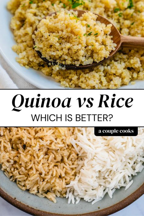 What are the differences of quinoa vs brown rice? Which is healthier? Here's what you need to know about these powerhouse whole grains. | quinoa recipes | brown rice | white rice | healthy recipes | #quinoa #rice #quinoavsrice #brownrice #whiterice #healthy Quinoa Vs Rice Nutrition Facts, Is Rice Healthy For You, White Quinoa Recipes, Brown Rice Quinoa Recipe, Healthy Brown Rice Recipes, Quinoa Vs Rice, Rice Healthy Recipes, Brown Rice And Quinoa Recipe, Tri Color Quinoa