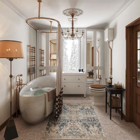 Modern Victorian Interior Design Ceiling Lights, Victorian Apartment Bedroom, Vintage Home Bathroom, Parisian Home Interior, French Victorian Interior, London Style Bathroom, British Bathroom Design, English Style Bathroom Design, Contemporary Victorian Bathroom