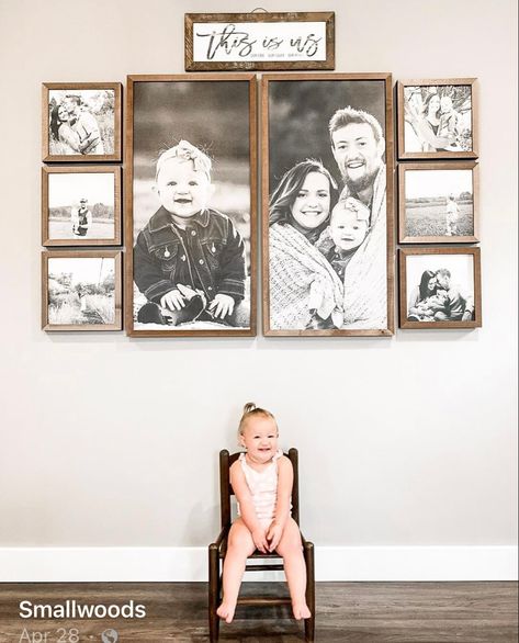 Family Photos Wall Decor, Smallwood Home, Picture Wall Living Room, Wedding Photo Walls, Family Pictures On Wall, Framed Signs, Picture Gallery Wall, Family Photo Wall, Family Room Walls