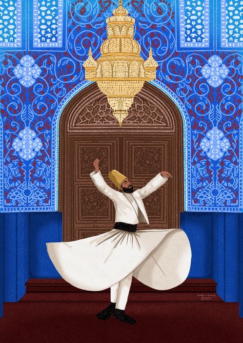 Whirling Dervish in a beautiful area with islamic designs around. Sufi Night Invite, Whirling Dervish Painting, Dervish Art, Sufi Night, Sufi Art, Pakistani Music, Amer Fort, Whirling Dervish, Animated Invitations