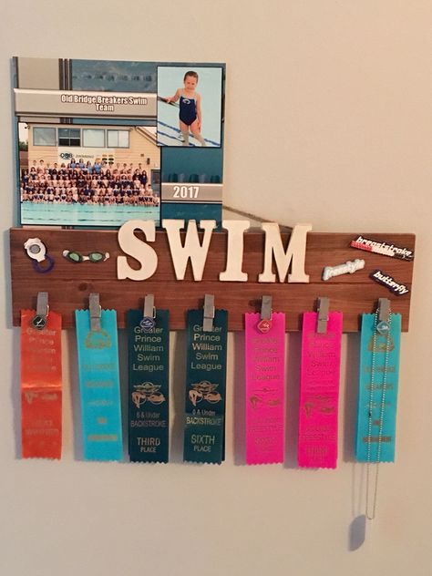 Swimming Ribbon Display, Sport Ribbon Display Ideas, Display Swim Ribbons, Swim Ribbons Display Ideas, How To Display Ribbons And Medals, Gymnastics Ribbon Display, Swim Team Ribbon Display Ideas, Track Ribbon Display Ideas, Medal And Ribbon Display Ideas