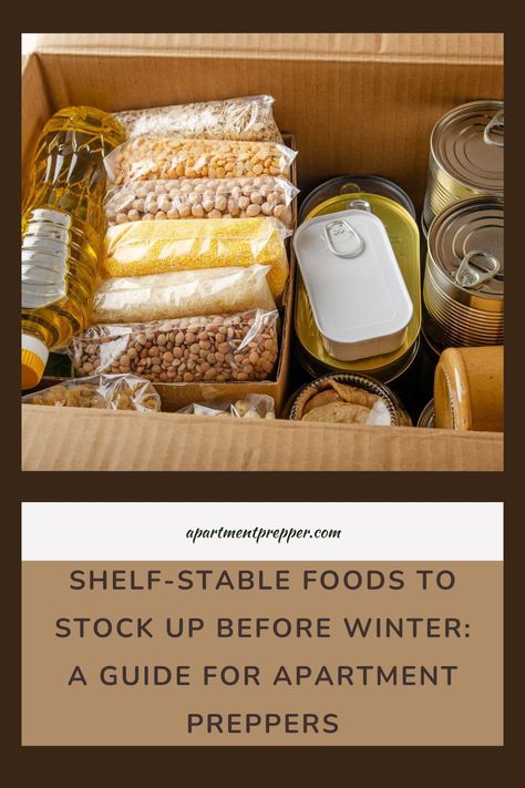 Winter storms and power outages can limit your access to groceries, especially in small apartments. Stay prepared with these top 10 shelf-stable foods perfect for winter! We’ve also included storage tips for small spaces to keep your pantry organized and ready. 💡 Click to read the full guide! #ApartmentPrepper #WinterReady #ShelfStable #FoodStorage #WinterPrepping Winter Pantry Stock Up List, Pantry Stock Up List, Shelf Stable Food, Apartment Prepper, Pantry Stock, Food Shortage, Canned Meats, Stackable Bins, Canned Vegetables