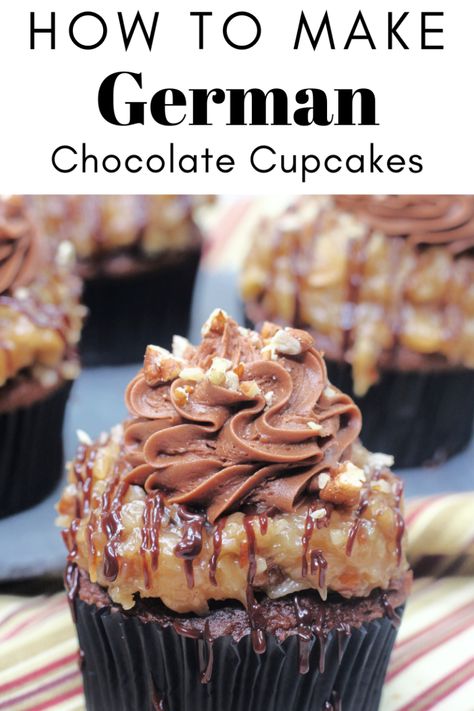 Elevated Dessert Recipes, Easter Flavor Cupcakes, German Chocolate Cupcake Recipe, German Chocolate Cake Ideas, German Chocolate Cupcakes From Scratch, German Chocolate Cake Cupcakes, Gourmet Cupcake Ideas, Jumbo Cupcake Recipes, German Cupcakes