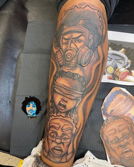 See Hear Speak No Evil Tattoo Ideas, Unique Arm Sleeve Tattoos, Half Stomach Tattoos, Neck Tattoo Men Ideas Unique, Hear No Evil See No Evil Speak No Evil Tattoo, Hear No Evil See No Evil Tattoo Women, Tattoo Sketches Unique Men, See No Evil Speak No Evil Tattoo, Black Excellence Tattoo