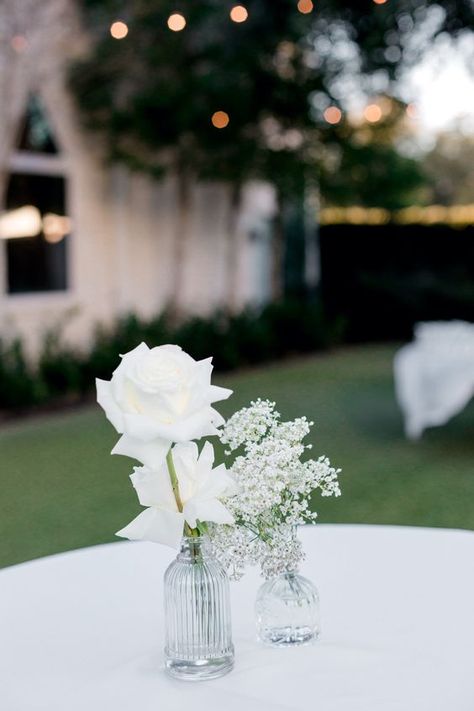 Bud Vases On Cocktail Tables, Cocktail Table Flower Arrangements, Wedding Picture Display At Reception, Bud Vases Round Table Wedding, Wedding Cocktail Table Decor, Cocktail Table Flowers, Wedding Picture Display, Cocktail Reception Decor, Cocktail Hour Centerpieces