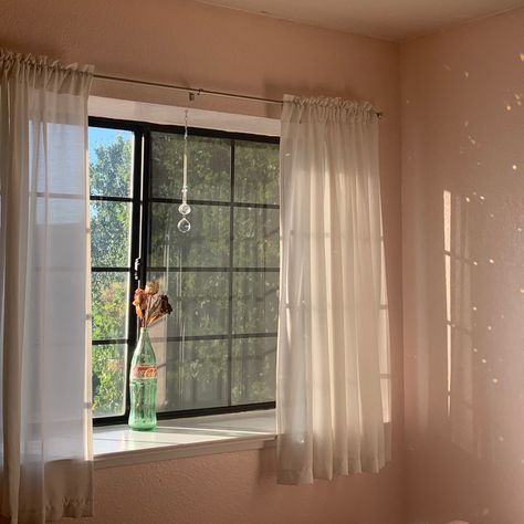 pretty window with white sheer curtains in the morning sun with rainbow sun catcher Bedroom Short Curtains, Short Curtains Bedroom Aesthetic, Curtain On Small Window, Cute Window Curtains, Curtains Short Windows, Cute Window Ideas, Short Wide Windows, Curtains Bedroom Small Window, Short Window Curtains Ideas