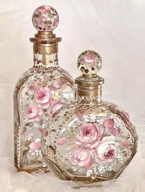 Debi Coules, Rustic Artwork, Painted Glass Bottles, Pretty Perfume Bottles, Antique Perfume Bottles, Beautiful Perfume, Antique Perfume, Vintage Bottles, Galvanized Metal