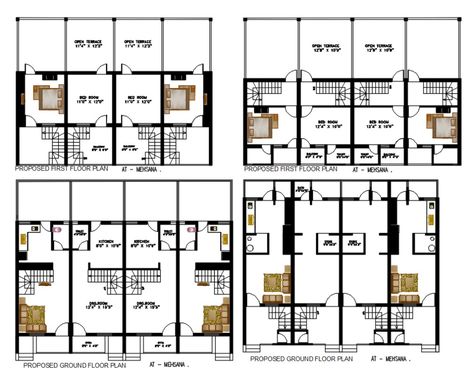 1 BHK Row House Plan With Open Terrace Design AutoCAD File Open Terrace Design, Row House Plan, Autocad Design, Site Development Plan, Open Terrace, Row House Design, Home Design Floor Plans, Architecture Model Making, Terrace Design