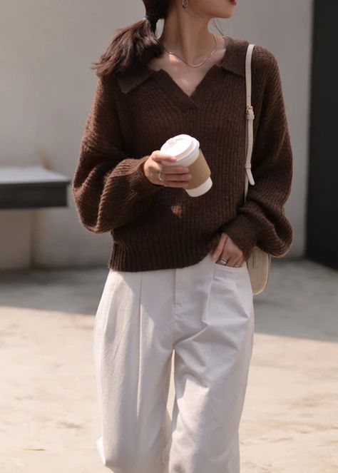 Winter chocolate knit sweat tops oversize v neck long sleeve sweater t – SooLinen Comfy Elegant Outfit, Fall Sweaters Aesthetic, Cold Date Night Outfit, Old Money Sweater, Outdoor Fits, Chocolate Sweater, Winter Chocolate, Formal Sweater, Oversized Sweater Outfit