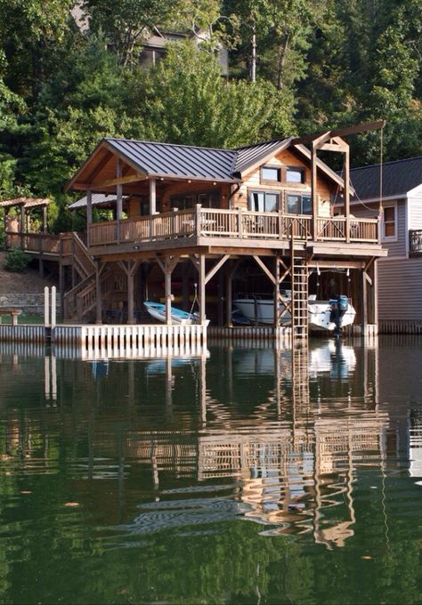 This would be awesome Boathouse Design, House On The Water, Lakefront Living, Rustic Exterior, Lakefront Property, Waterfront Property, Lake Cabins, Building Permits, Boat Dock