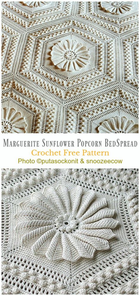 Marguerite Sunflower Popcorn BedSpread Crochet Free Pattern - #Hexagon; Blankets Free #Crochet; Patterns Crotchet Rug, Crocheted Bedspreads, Bedspread Crochet, Knitting Needle Conversion Chart, Crochet Bedsheets, Hexagon Crochet Pattern, Sunflower Crochet, Knitted Teddy Bear, Easy Knitting Projects