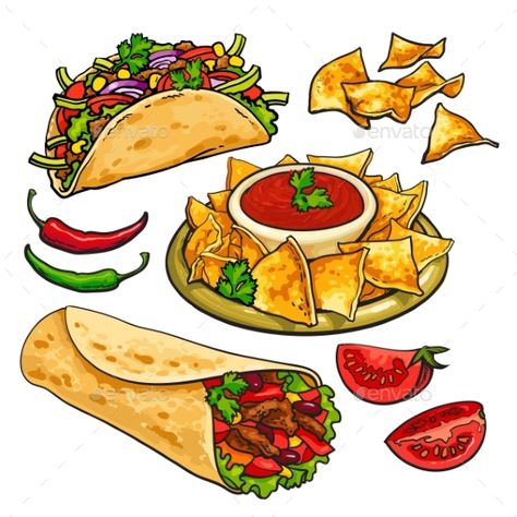 Set of traditional Mexican food burrito, taco, nachos and chili salsa sauce, sketch style vector illustration on white background Nachos Drawing, Mexican Food Illustration, Taco Sketch, Nachos Illustration, Burrito Drawing, Burrito Illustration, Apple Food Art, Taco Illustration, Taco Nachos